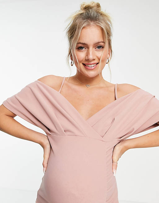 Dresses Maternity baby shower cold shoulder ruched midi dress in pink 