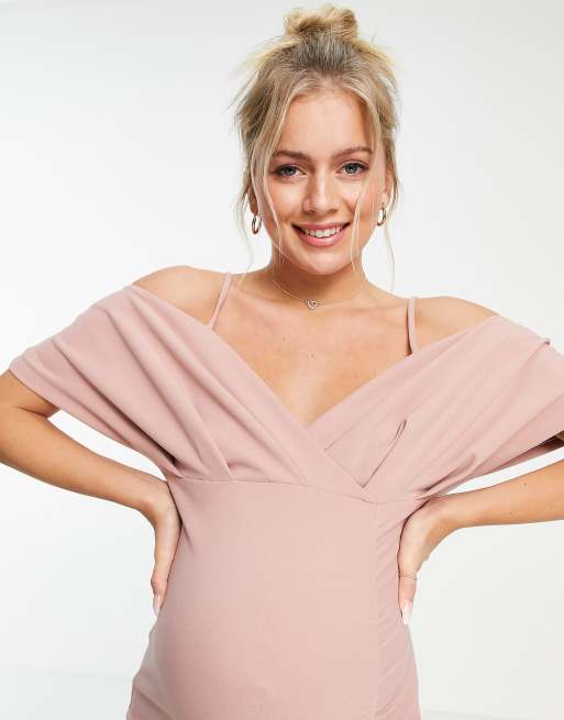 ASOS DESIGN Maternity baby shower cold shoulder ruched midi dress in pink