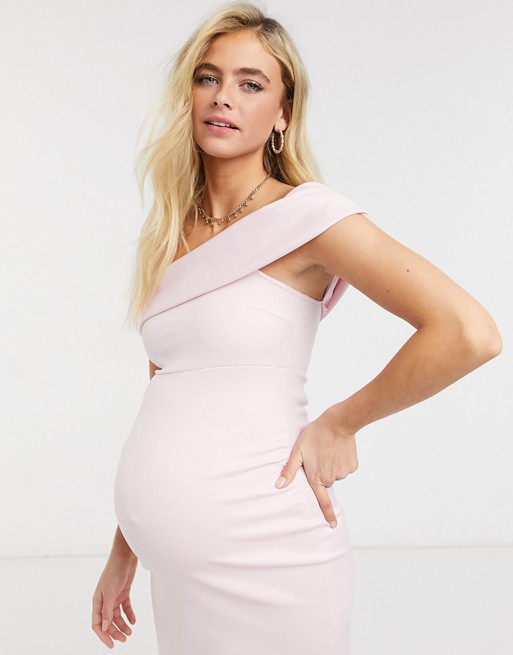ASOS DESIGN Maternity baby shower fallen shoulder scuba midi dress in soft pink