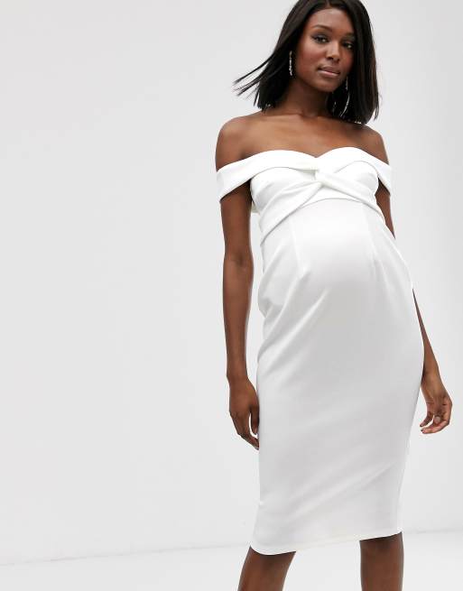 ASOS DESIGN Maternity baby shower off shoulder midi dress |