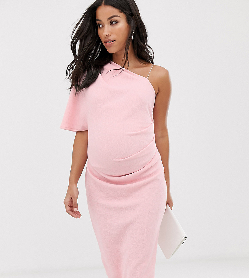 ASOS DESIGN Maternity baby shower one shoulder strap detail midi dress-Pink