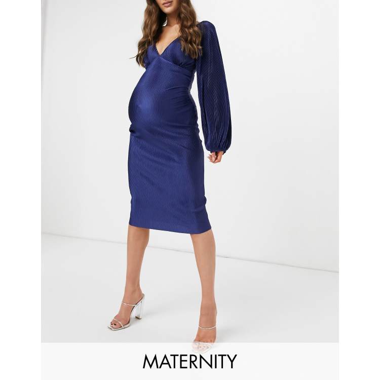 ASOS DESIGN Maternity plisse balloon sleeve dress in navy | ASOS