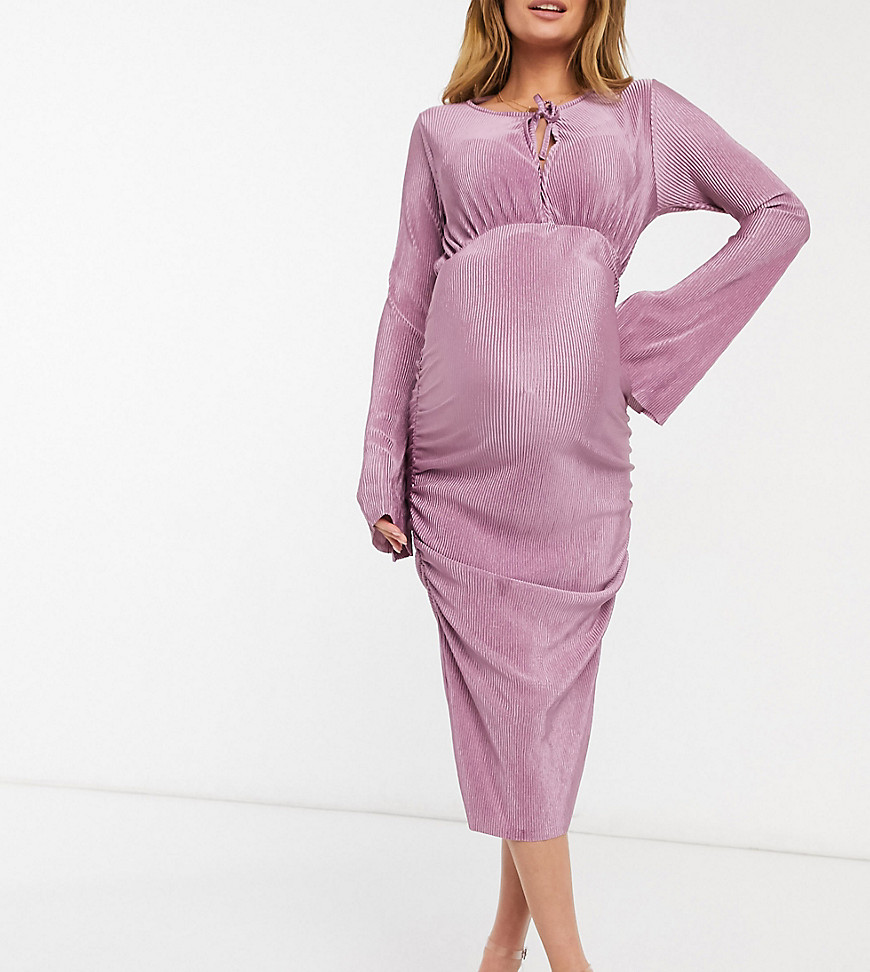ASOS DESIGN Maternity baby shower plisse blouson tie long sleeve midi dress with side ruching in lilac-Pink
