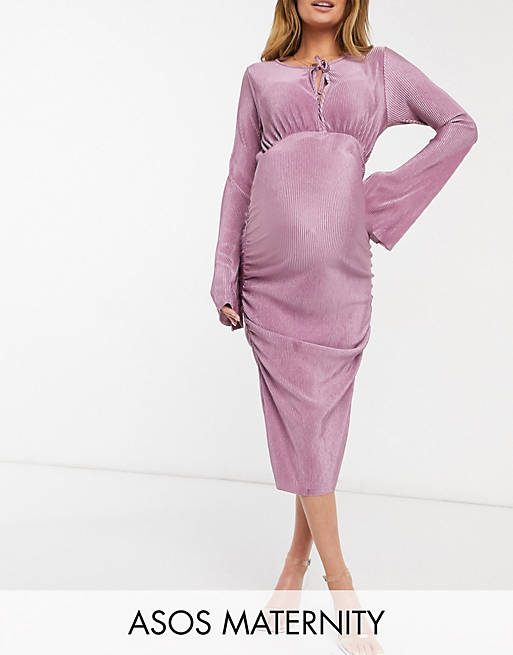  Maternity baby shower plisse blouson tie long sleeve midi dress with side ruching in lilac 