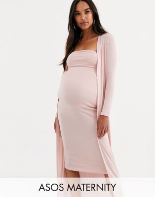 ASOS DESIGN Maternity Baby Shower ruched bandeau midi dress and drape ...