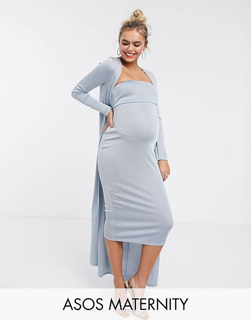 ASOS DESIGN Maternity Baby Shower ruched bandeau midi dress and drape ...