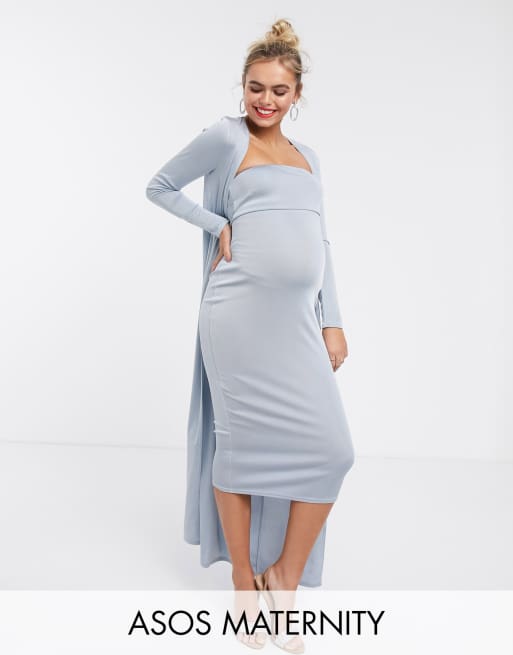 ASOS DESIGN Maternity Baby Shower ruched bandeau midi dress and drape ...