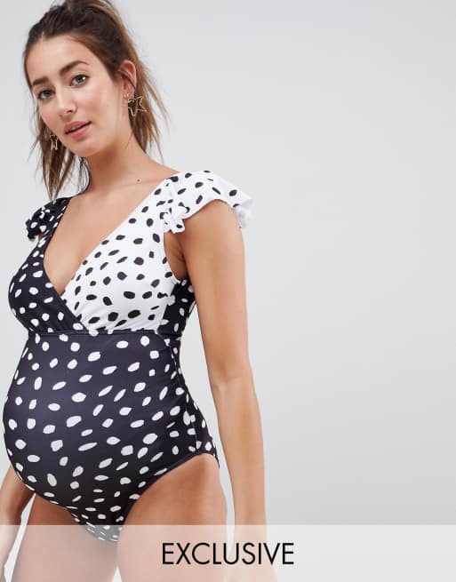 und gerüschten mit Weiß mix DESIGN ASOS Schwarz Ärmeln punkte gepunktet Wickeldesign maternity Badeanzug 4fqzTwYp