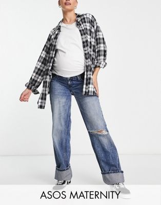 ASOS DESIGN Maternity baggy boyfriend jeans with knee rips and deep turn up
