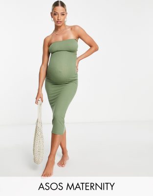 ASOS DESIGN Maternity bandeau ribbed beach midaxi dress in khaki - ASOS Price Checker
