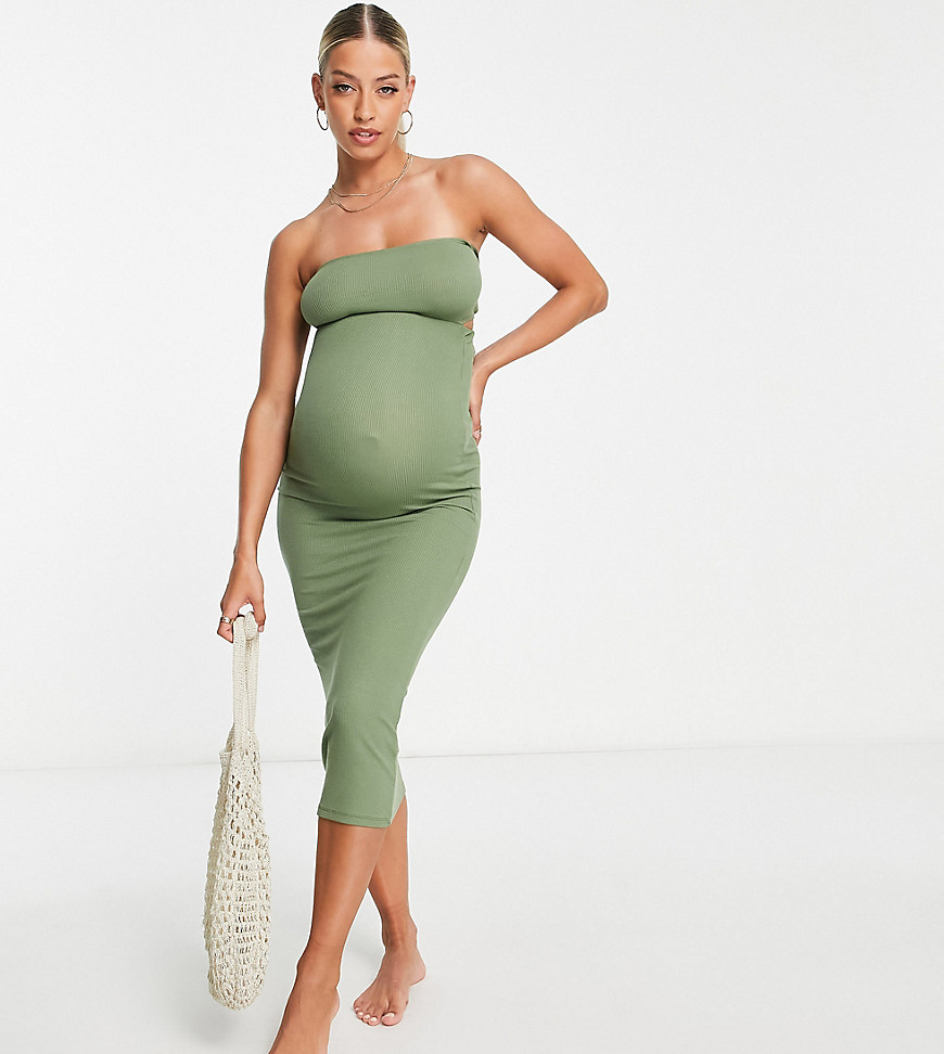 ASOS DESIGN Maternity bandeau ribbed beach midaxi dress in khaki-Green