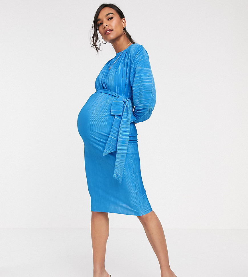 ASOS DESIGN Maternity bardot midi dress in plisse with tie waist-Blue