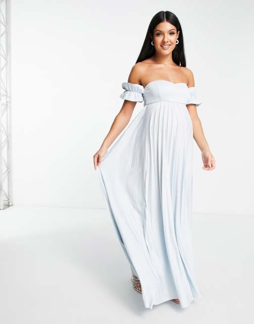 ASOS DESIGN Maternity bardot pleated maxi dress in blue