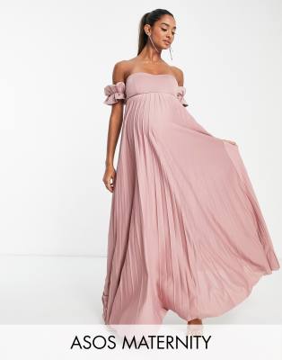 ASOS Maternity ASOS DESIGN Maternity bardot pleated maxi dress in rose - LPINK