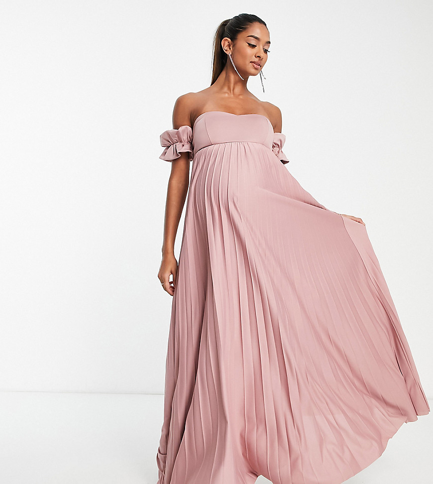 ASOS DESIGN Maternity bardot pleated maxi dress in rose - LPINK