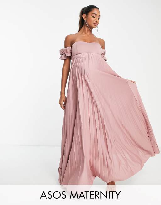 ASOS DESIGN Maternity bardot pleated maxi dress in rose - LPINK