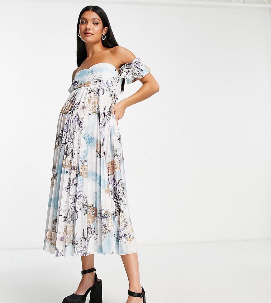 ASOS DESIGN Maternity bardot pleated midi dress in blue floral print-Multi