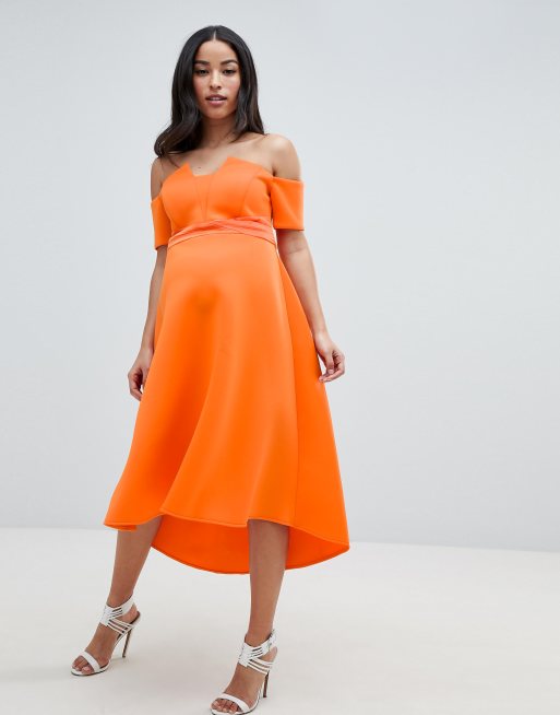 ASOS DESIGN Maternity bardot pleated waist scuba midi prom dress