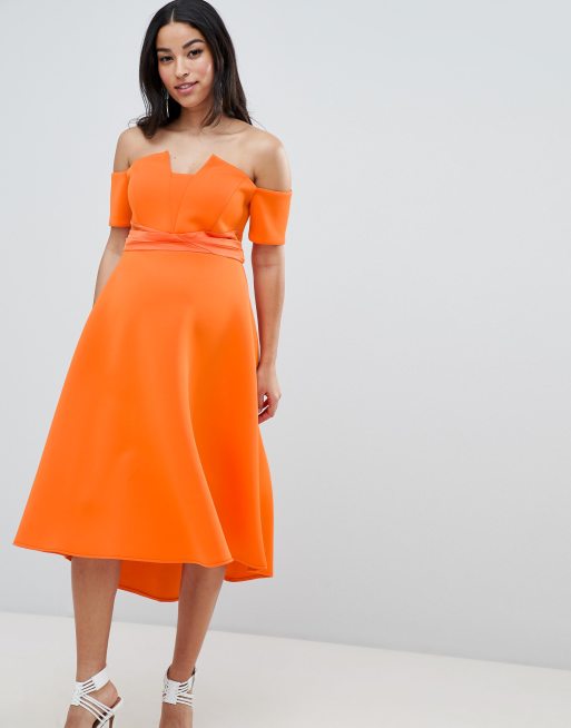 ASOS DESIGN Maternity bardot pleated waist scuba midi prom dress