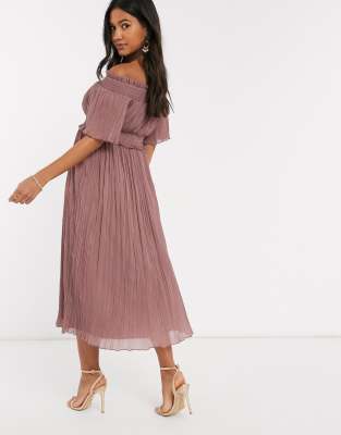 shirred bardot midi dress