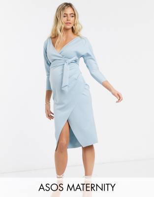 ASOS DESIGN Maternity bardot wrap batwing sleeve midi dress with self tie belt in soft blue