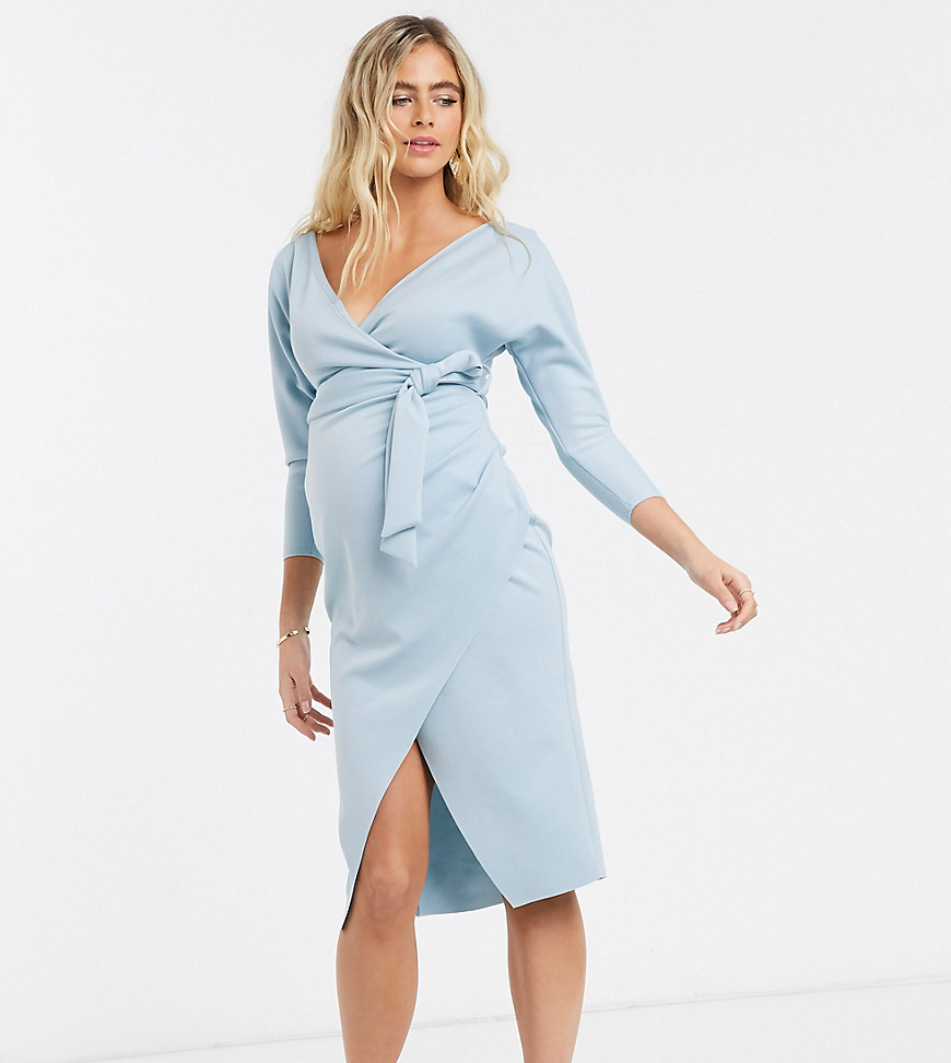 ASOS DESIGN Maternity bardot wrap batwing sleeve midi dress with self tie belt in soft blue