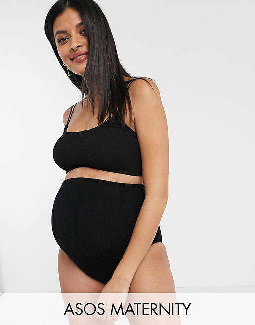ASOS DESIGN Maternity - Bas de bikini taille haute échancré effet froissé - Noir