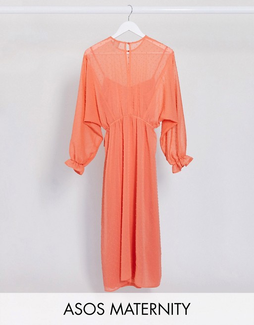 ASOS DESIGN Maternity dobby batwing midi dress with drawstring waist in coral