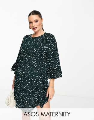 ASOS DESIGN Maternity batwing sleeve smock mini dress in bottle green spot