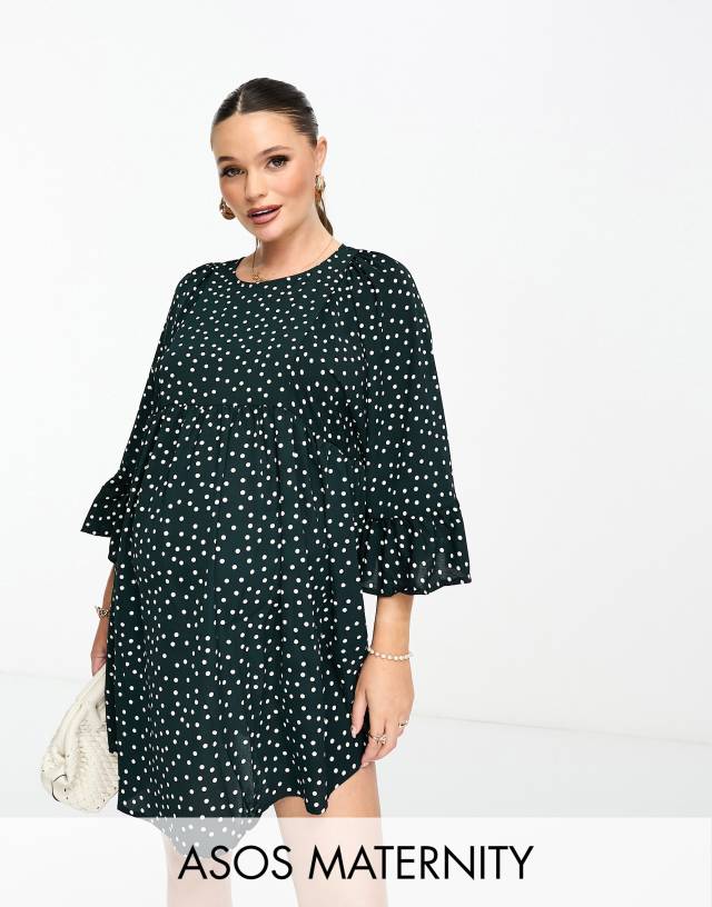 ASOS DESIGN Maternity batwing sleeve smock mini dress in bottle green spot