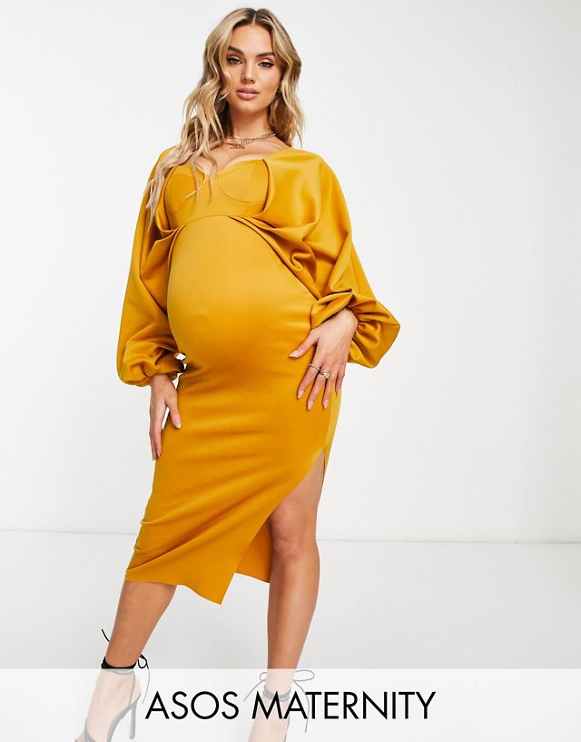 ASOS DESIGN Maternity batwing sweetheart neck body-conscious midi dress in mustard