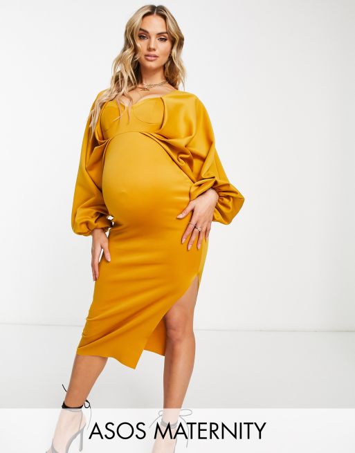 ASOS DESIGN Maternity batwing sweetheart neck bodycon midi dress in mustard