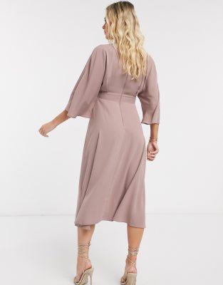 ASOS DESIGN Maternity batwing twist front midi skater dress in mink