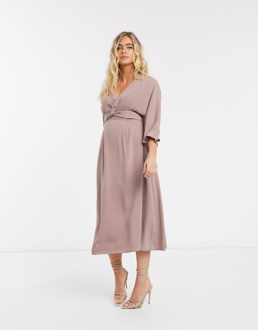 ASOS DESIGN Maternity batwing twist front midi skater dress in mink