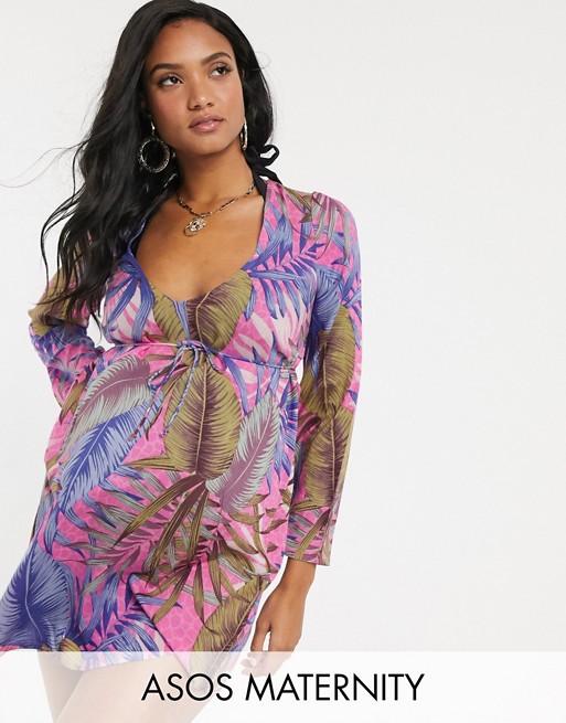 ASOS DESIGN Maternity beach cover up in crinkle in tropical lilac palm print