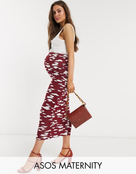 ASOS DESIGN Maternity – Bedruckter Bleistiftrock in Burgunder