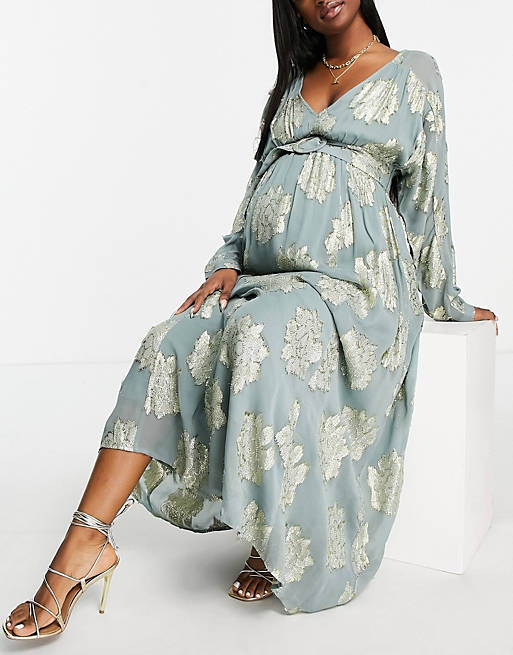 Women Maternity belted batwing midi tea dress in metallic jacquard 