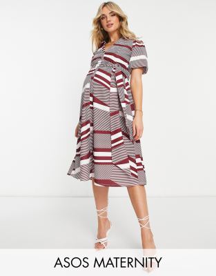 ASOS DESIGN Maternity belted midi shirt dress in red stripe