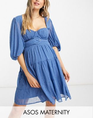 ASOS DESIGN Maternity mini dress with blouson sleeve with belt in blue - ASOS Price Checker