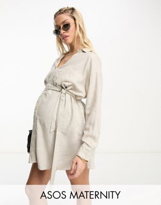 Asos Maternity Asos Design Maternity Belted Shirt Beach Dress In Natural-neutral
