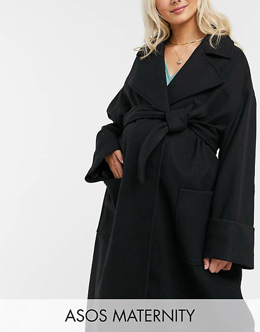 Women Maternity belted slouchy coat in black 