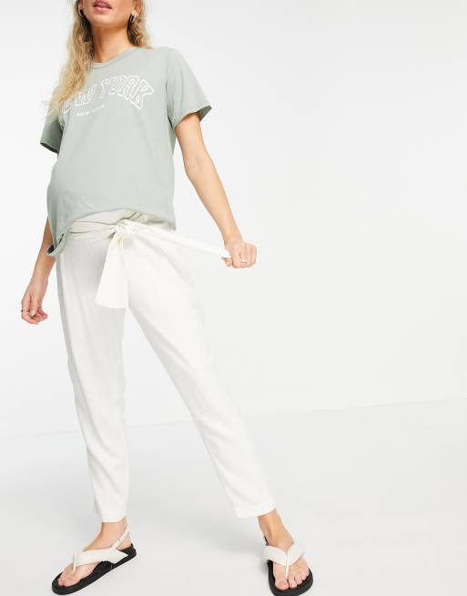 ASOS DESIGN Maternity wide leg trouser with linen in oatmeal