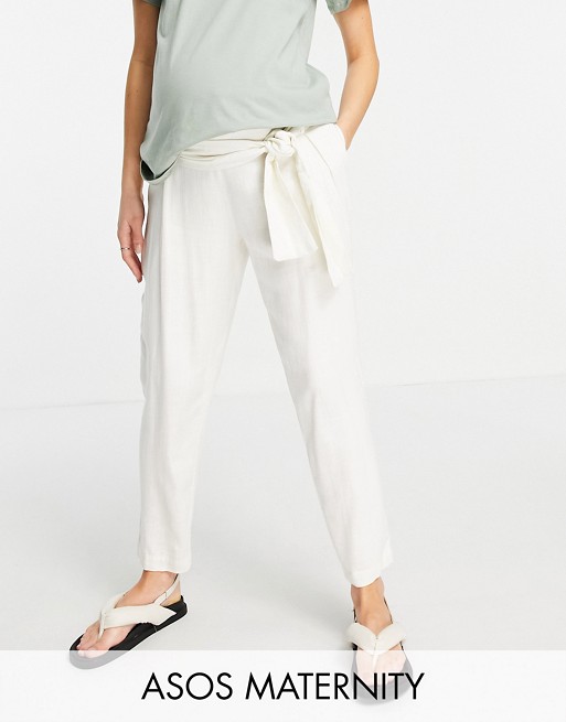 ASOS DESIGN Maternity belted tapered linen trousers in cream