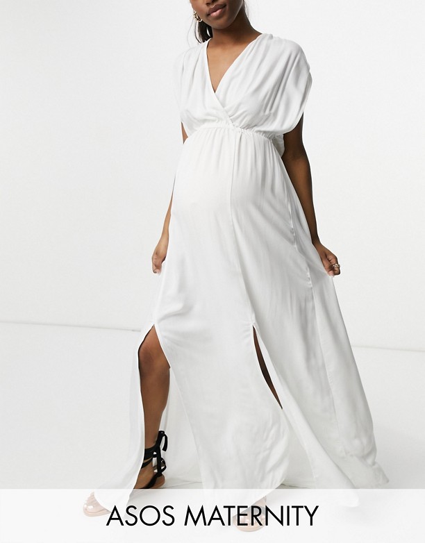  Sprzedawanie ASOS DESIGN Maternity – Biała marszczona sukienka plażowa maxi z materiału z recyklingu Biały