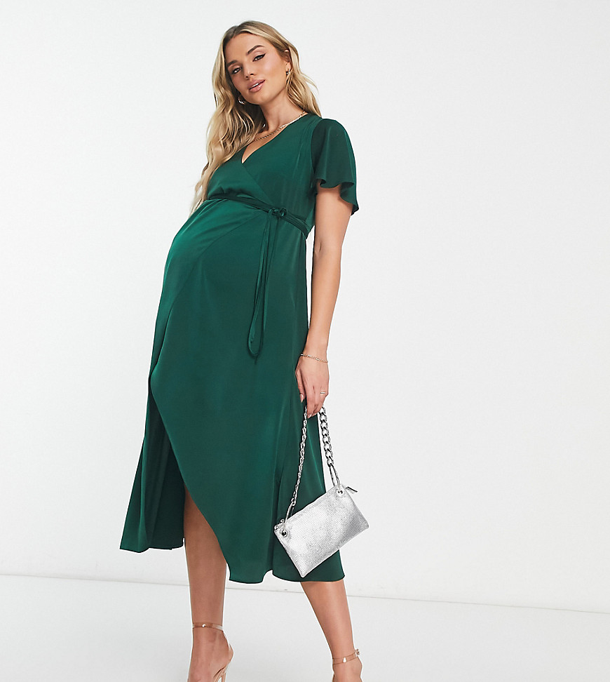 ASOS DESIGN Maternity bias cut satin wrap dress with tie waist & flutter sleeve in dark green