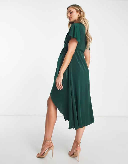 ASOS DESIGN Maternity bias cut satin wrap dress with tie waist & flutter sleeve in dark green, 2 of 4