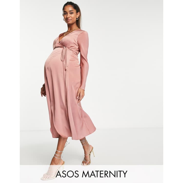 ASOS DESIGN Maternity bias cut satin wrap dress with tie waist in brown