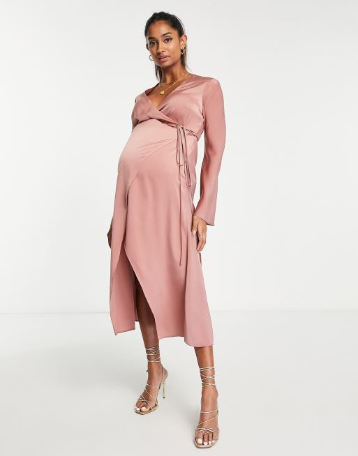 ASOS DESIGN Maternity bias cut satin wrap dress with tie waist in