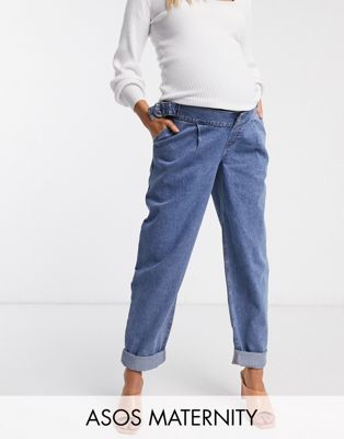 ASOS DESIGN Maternity – Blå avsmalnande boyfriend-jeans med d-ring vid midjan, rundade sömmar och material över magen