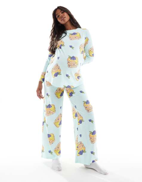 ASOS DESIGN Maternity – Blå, pannkaksmönstrad pyjamas med långärmad topp och byxor - view 1